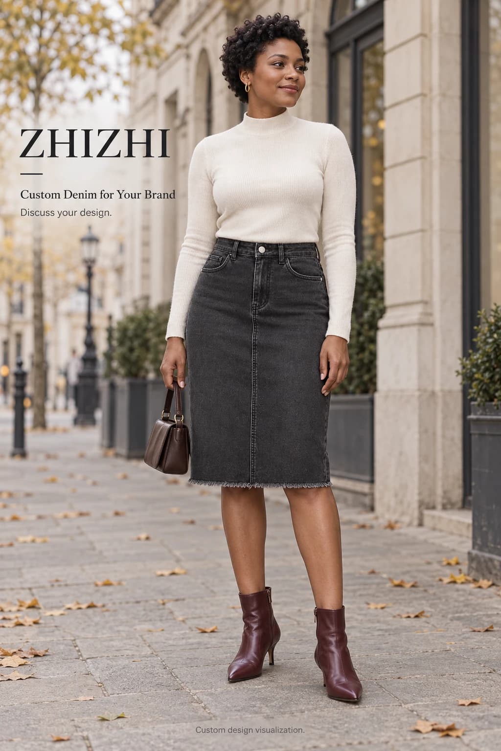 Women's charcoal black knee-length raw-hem denim skirt custom design visualization — street-front — original design concept
