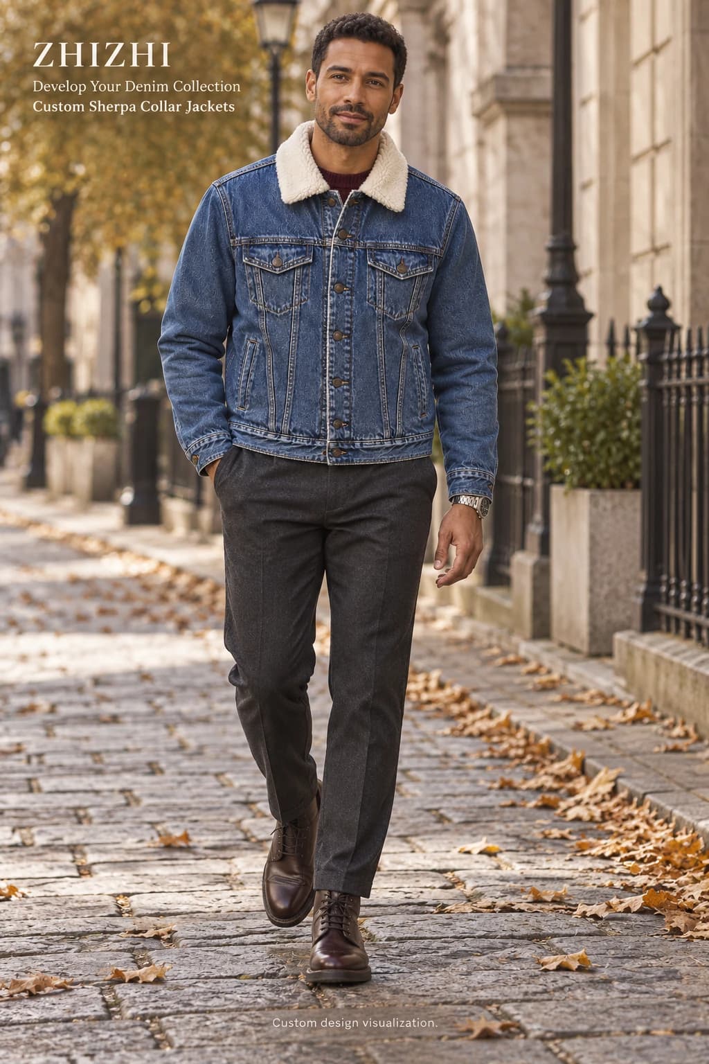 Men's blue denim sherpa collar trucker custom design visualization — street-front — original design concept