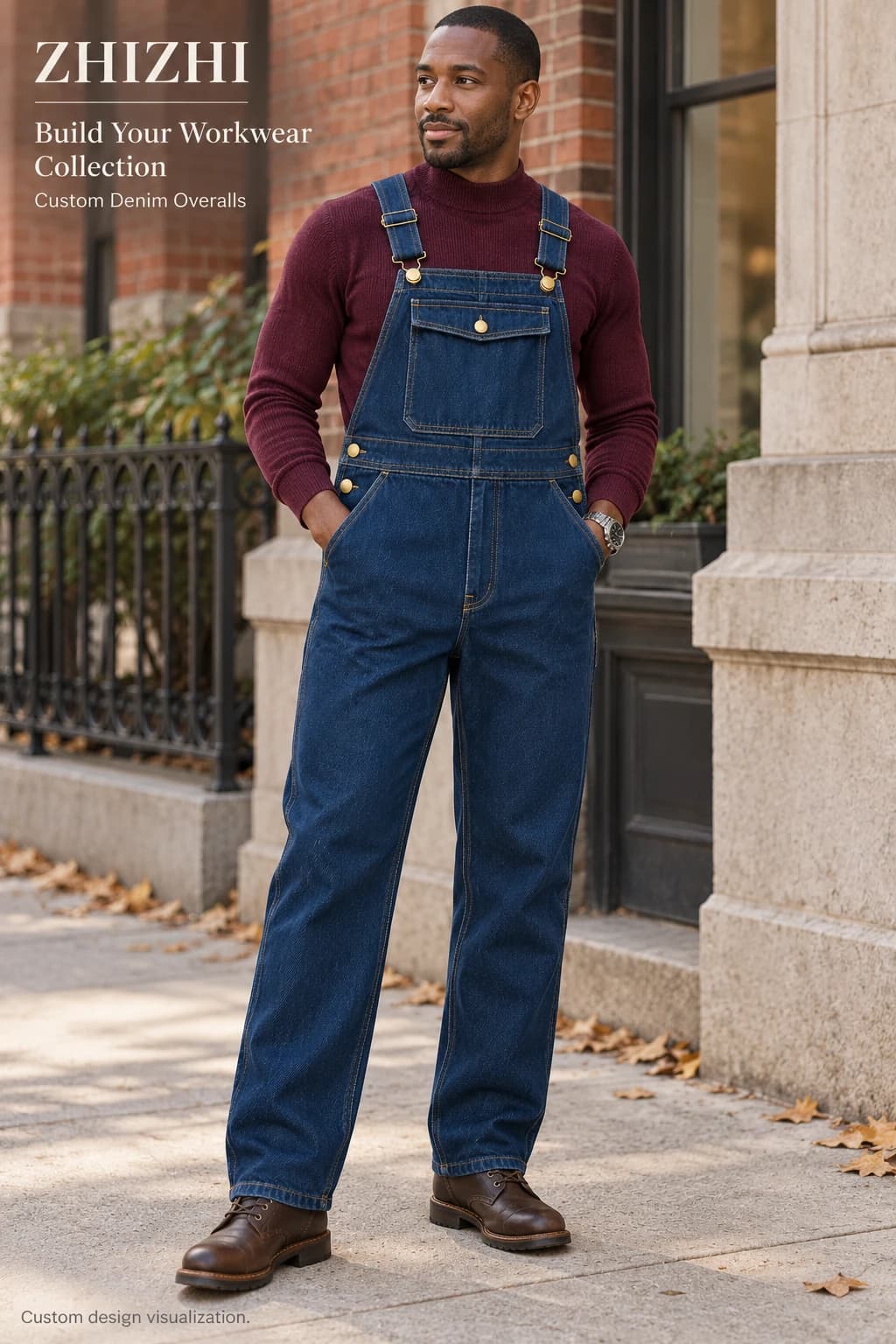 Men's indigo utility denim bib overalls custom design visualization — street-front — original design concept