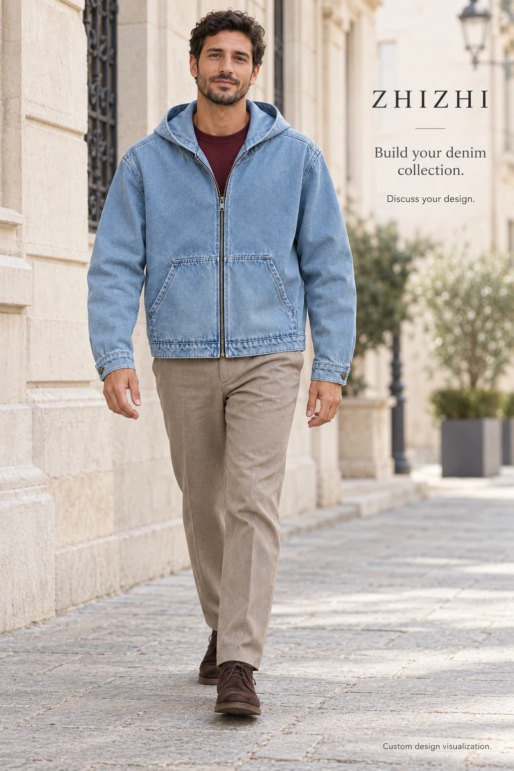 Men’s light-wash full-zip denim hoodie custom design visualization — street-front — original design concept
