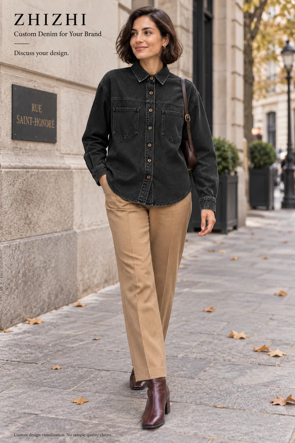 Women's black patch-pocket long-sleeve denim shirt custom design visualization — street-front — original design concept