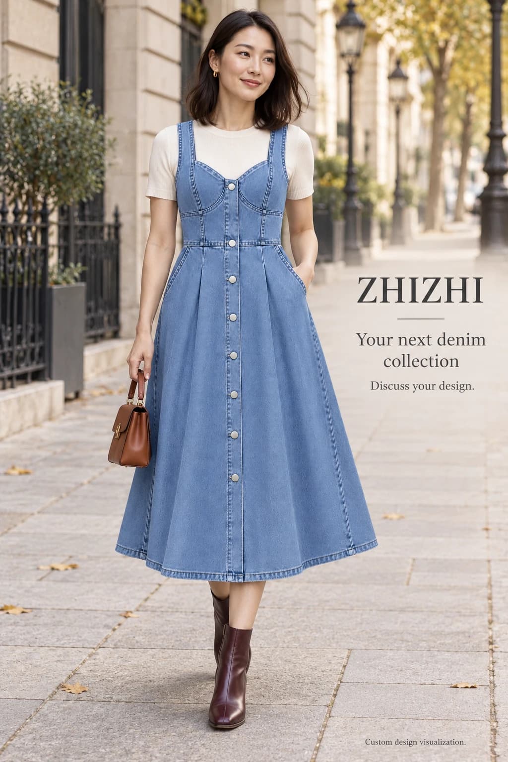 Women's blue sweetheart button-front denim midi dress custom design visualization — street-front — original design concept