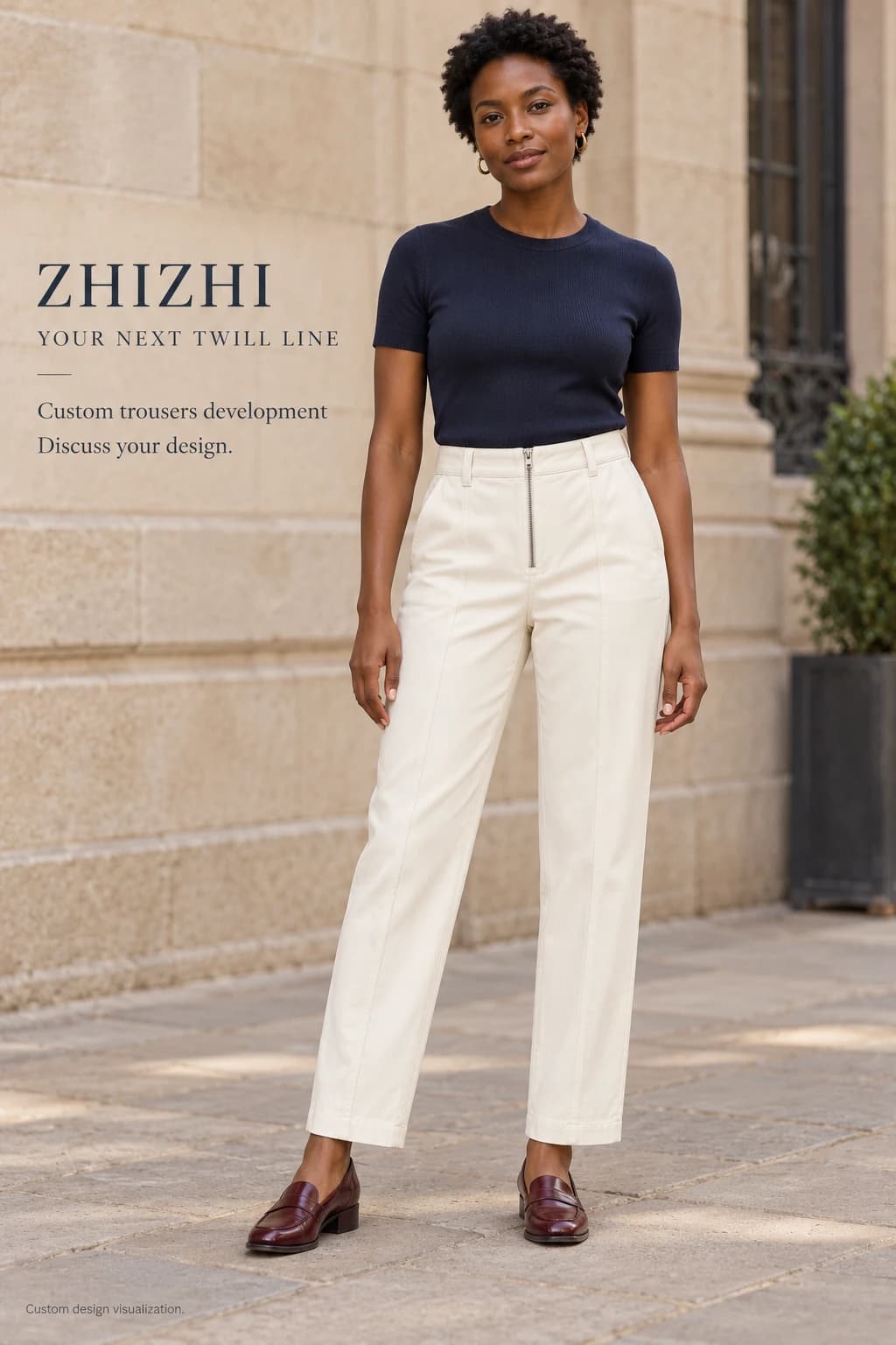 Women ivory zip-front straight ankle twill trousers custom design visualization — street-front — original design concept