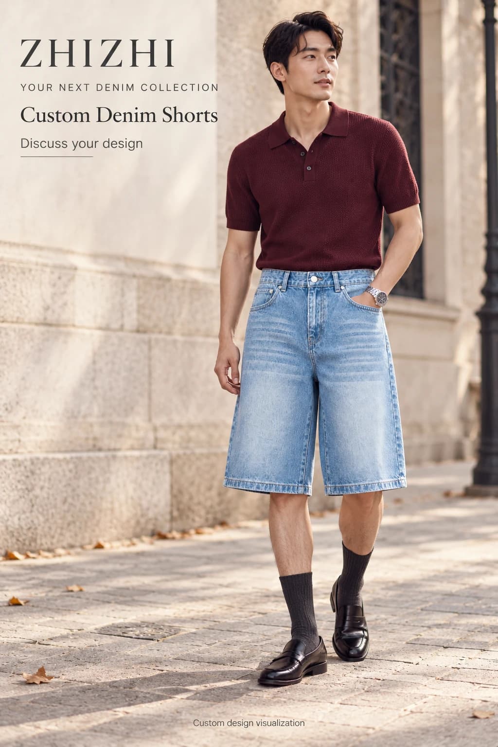 Custom mens Light Blue wide leg denim shorts visualization — street-front — original design concept