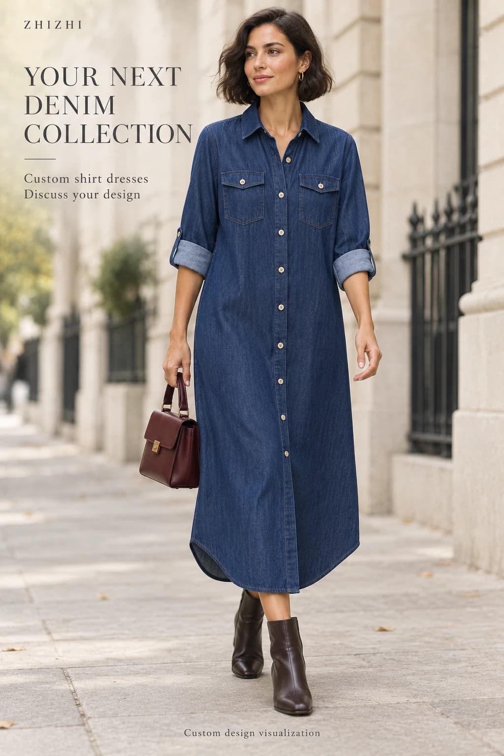 Custom women indigo shirttail denim midi dress visualization — street-front — original design concept