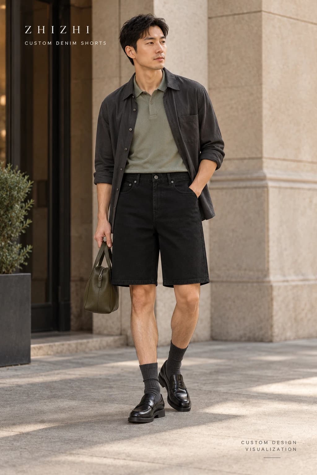 Custom mens black relaxed straight denim shorts design visualization — street-front — original design concept