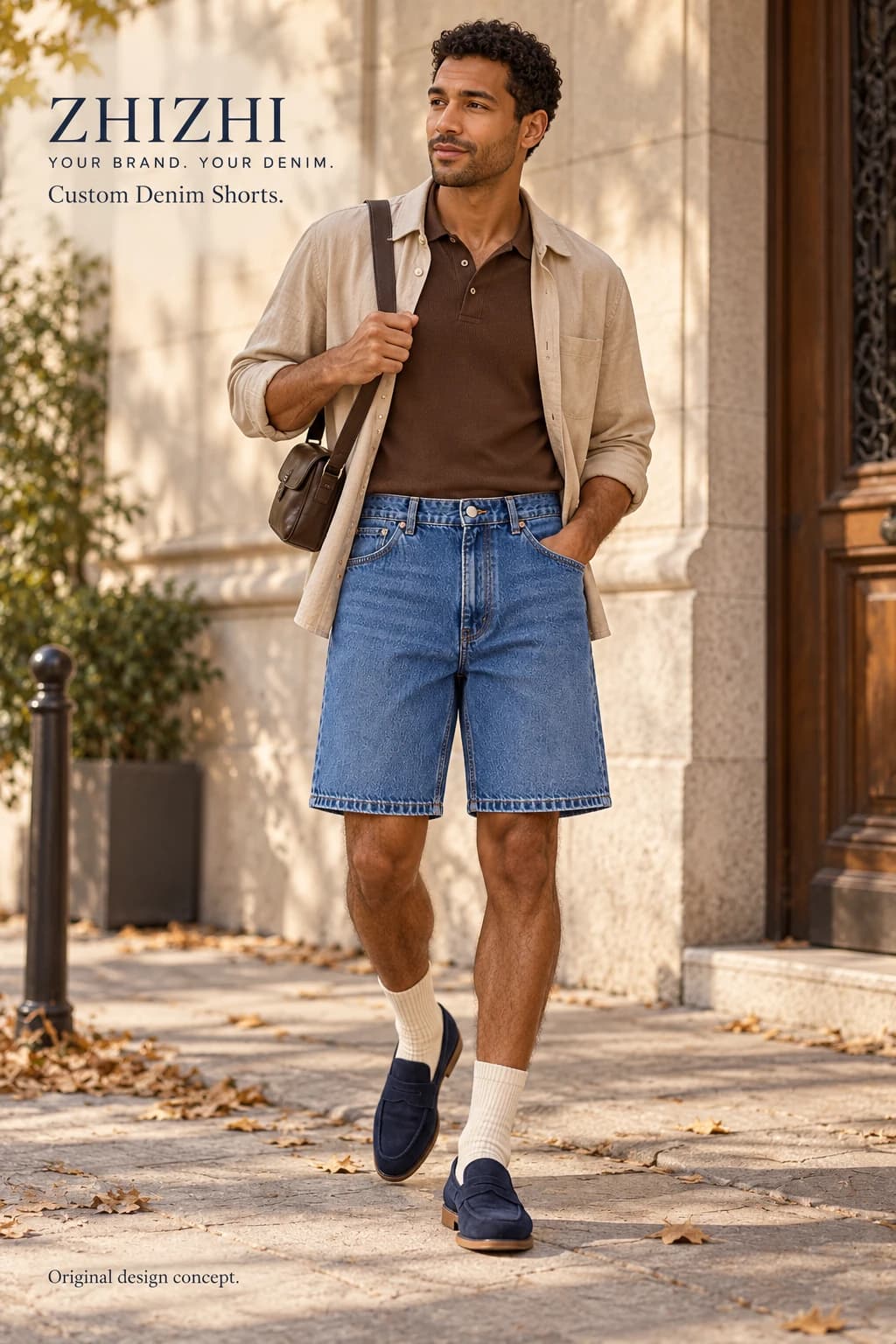 Custom mens medium blue relaxed denim shorts concept — street-front — original design concept