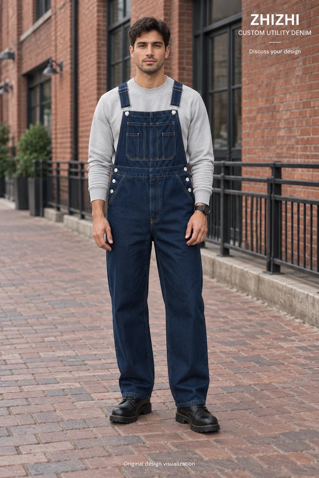 Custom mens dark royal indigo utility denim overalls concept — street-front — original design concept