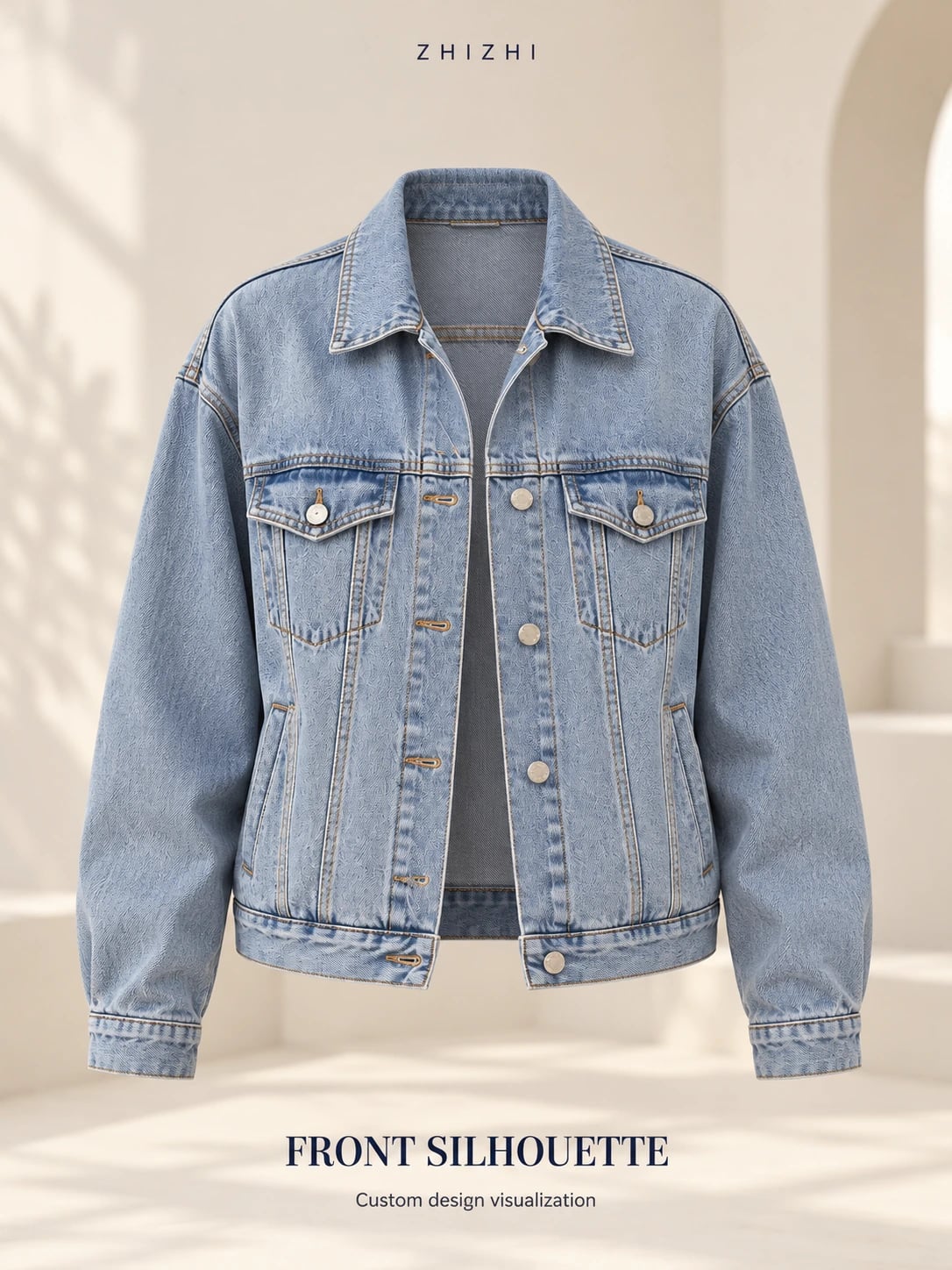Front silhouette of a light-blue washed loose denim jacket custom design visualization