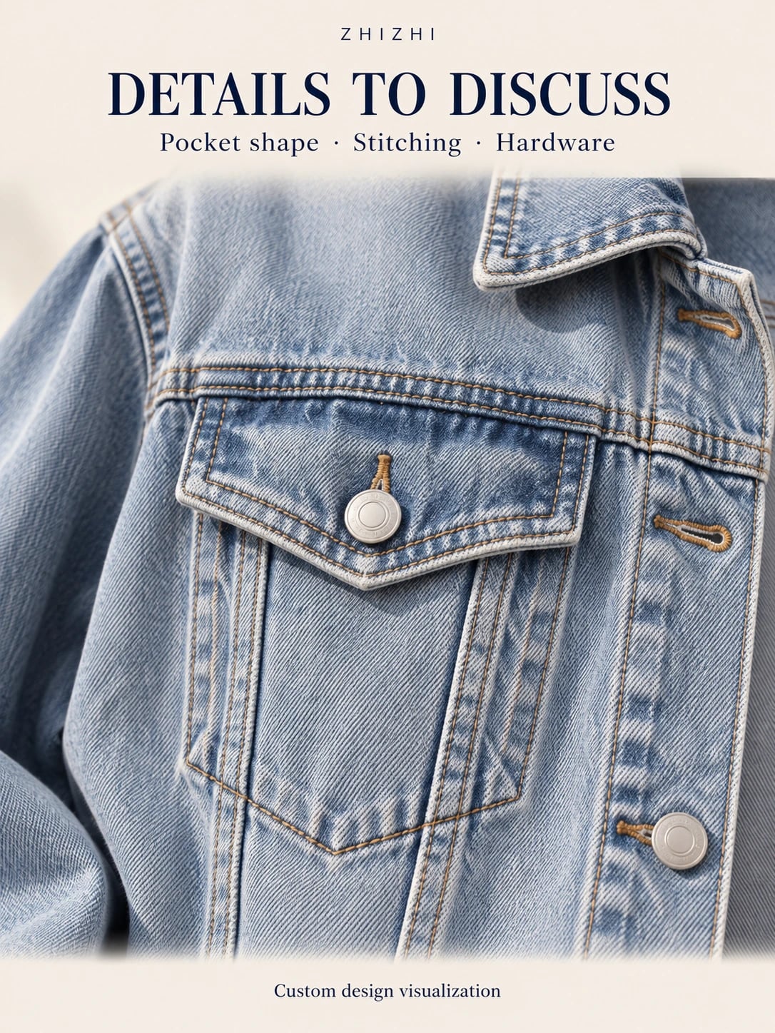 Illustrative pointed flap pocket, stitching and silver button details for custom denim jacket discussion