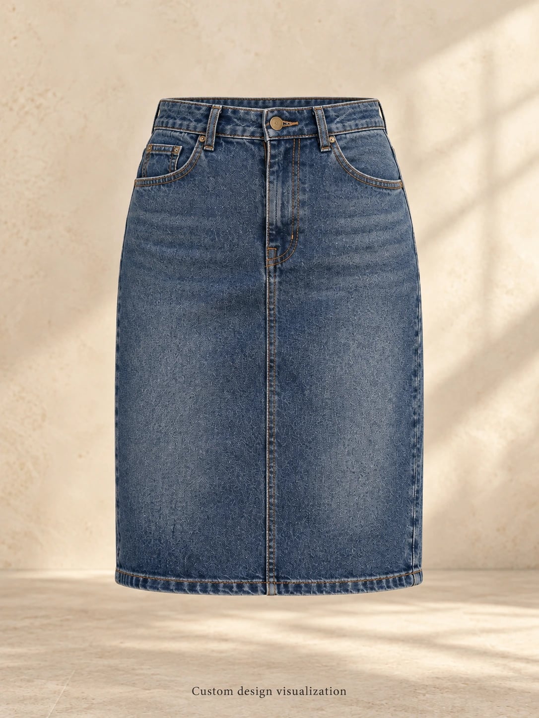 Front view of original five-pocket straight denim skirt design visualization