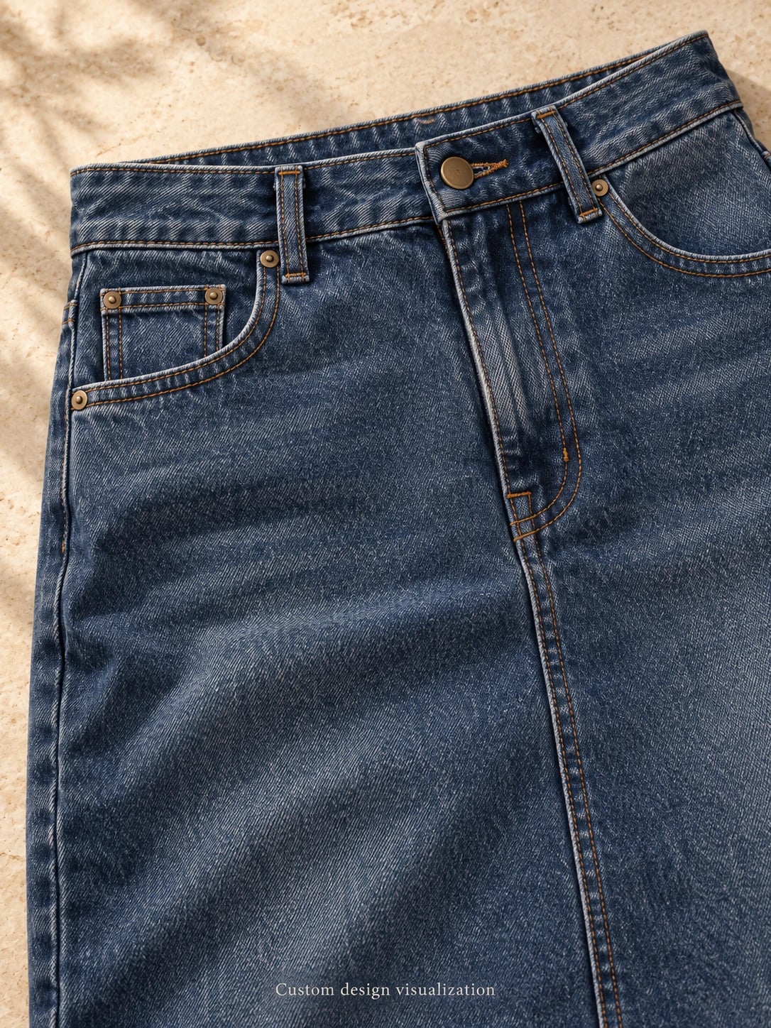 Waistband, brass button and curved pocket details, custom denim skirt visualization
