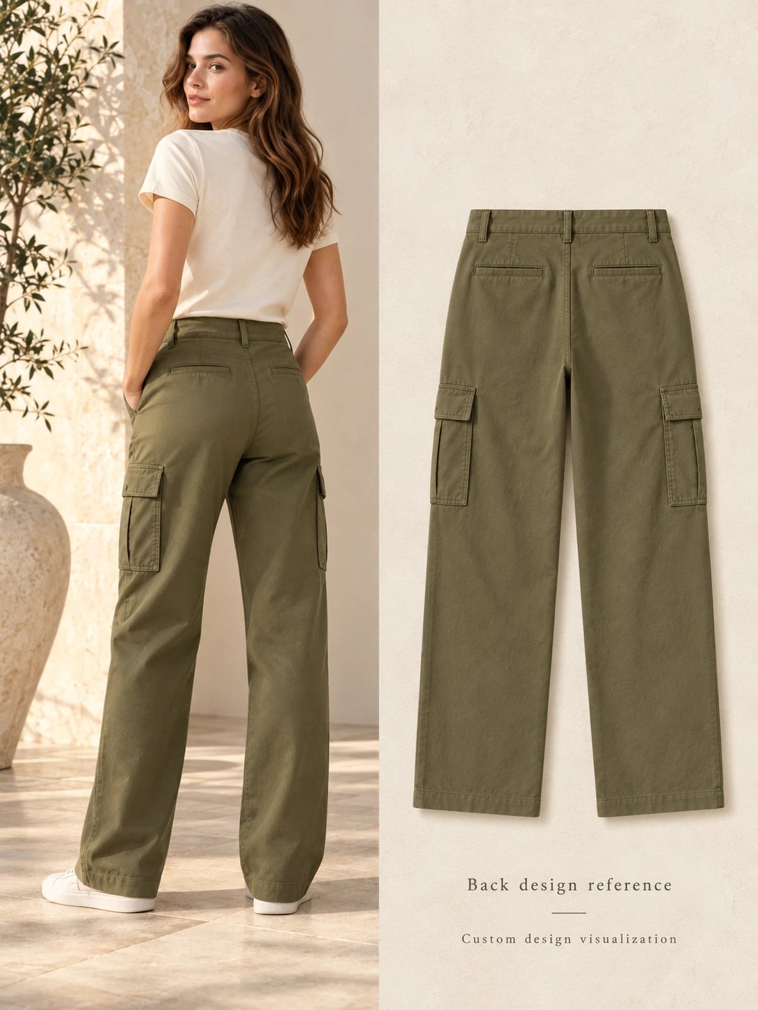Back construction reference for olive straight-leg cargo trousers — custom design visualization