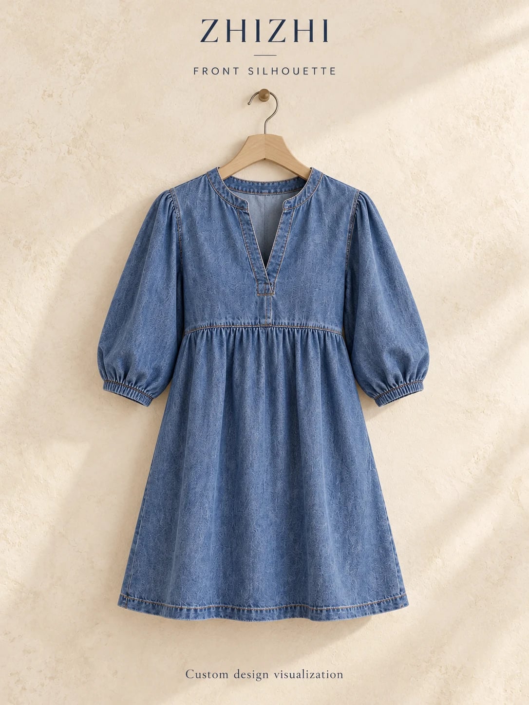 Complete front silhouette of collarless V-opening smock dress — custom design visualization