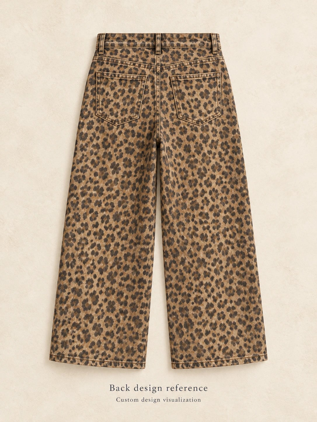 Back construction reference for leopard-print wide-leg denim trousers — custom design visualization