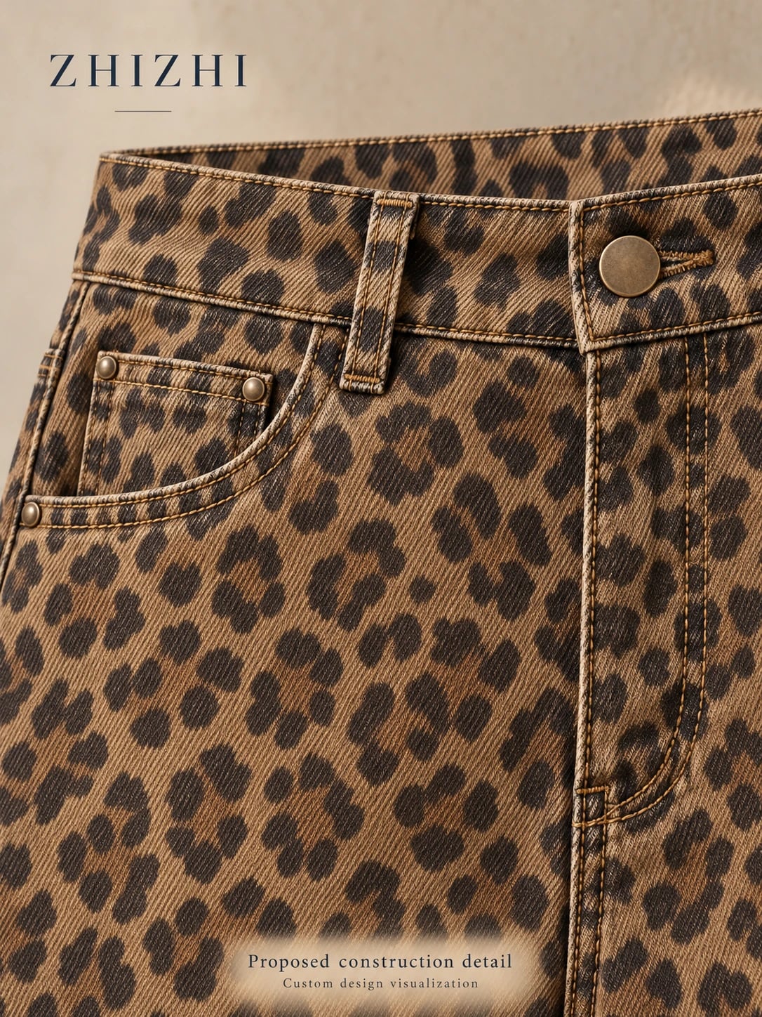 Proposed construction detail for leopard-print wide-leg denim trousers — custom design visualization