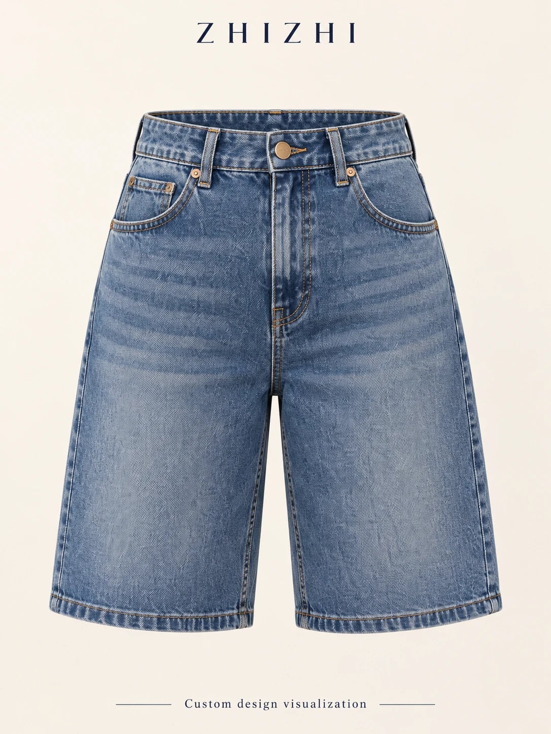 Medium-blue high-waist Bermuda denim shorts: Full front silhouette with copper button and clean hems — custom design visualization
