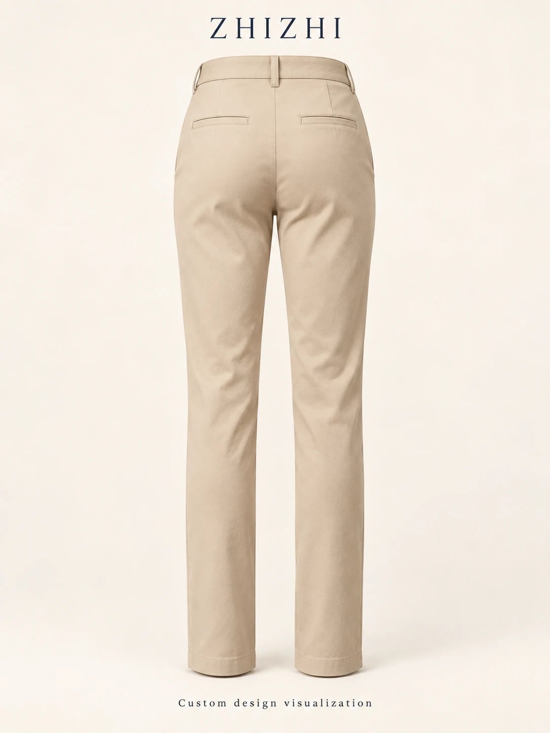 Sand-beige slim straight chino trousers: Proposed rear construction with two welt pockets — custom design visualization