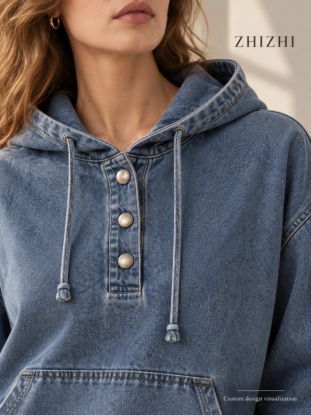 Proposed hood and pocket construction detail — hoodie-button — custom design visualization