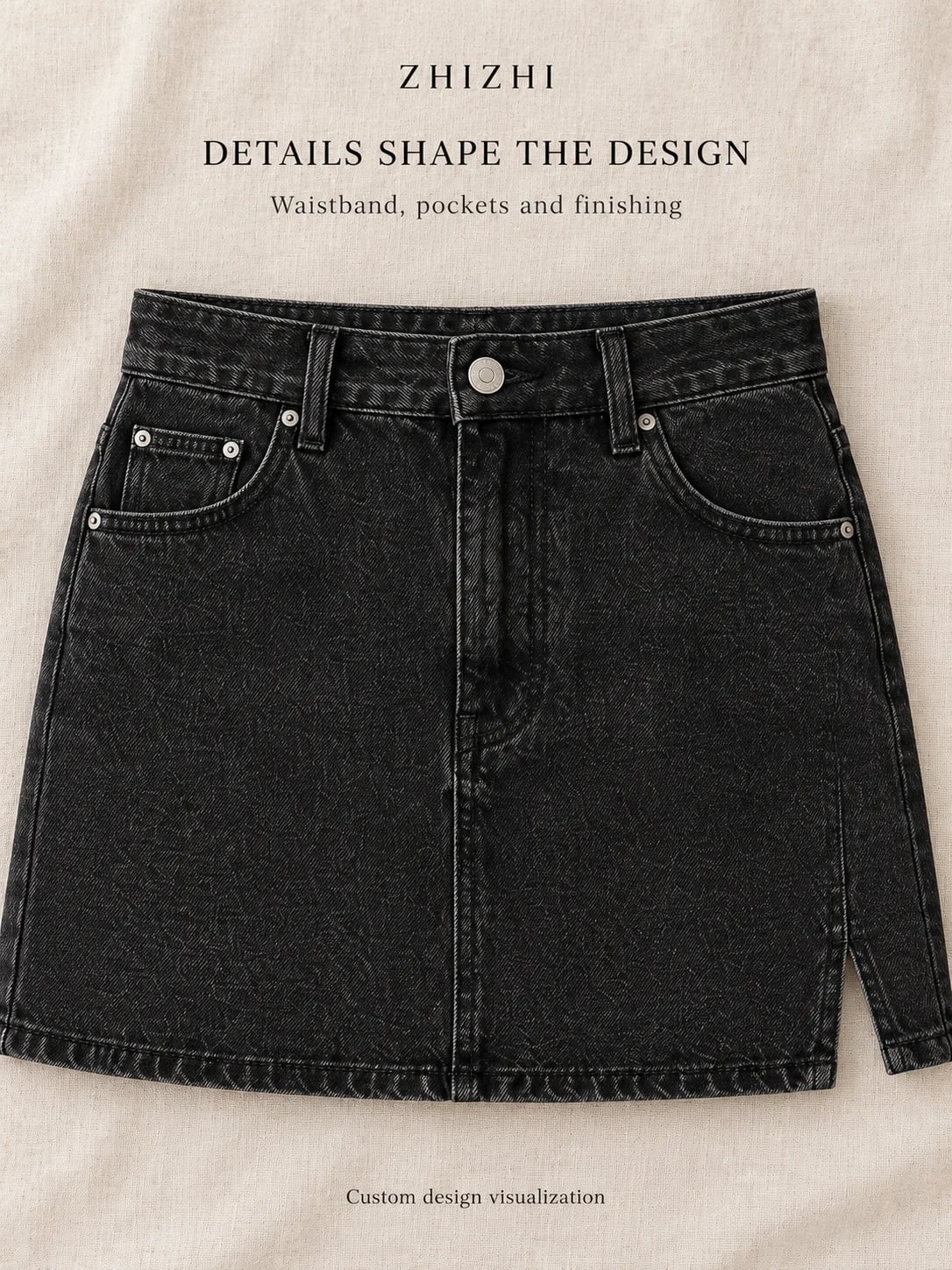 Schwarzer Damen-Denim-Skort mit hoher Taille und Schlitz zur individuellen Entwicklung — Detail — Entwurfsvisualisierung