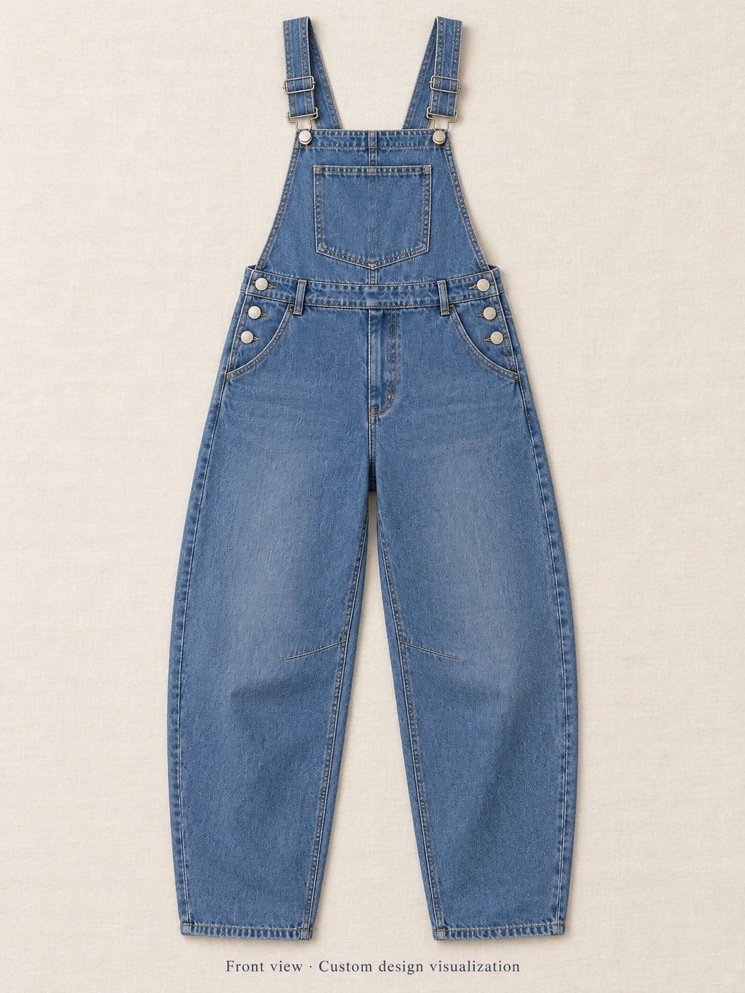 Blaue Damen-Jeanslatzhose mit Barrel-Bein zur individuellen Entwicklung — Vorderansicht — Entwurfsvisualisierung