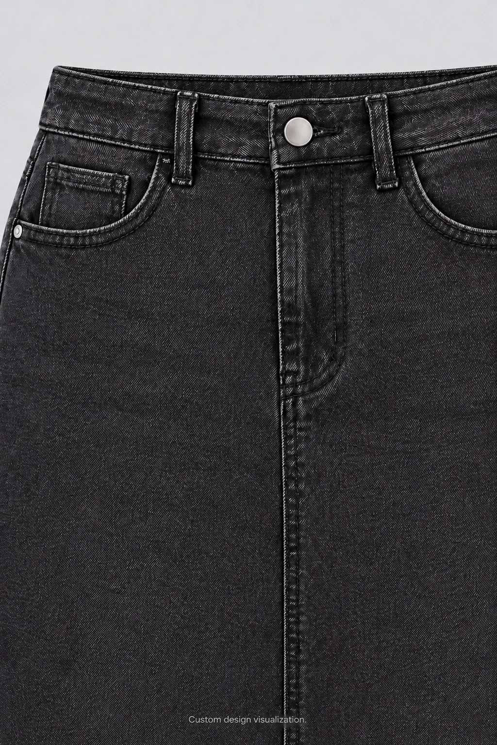 Custom Women's Black Raw-Hem Knee-Length Denim Skirt — detail — custom design visualization