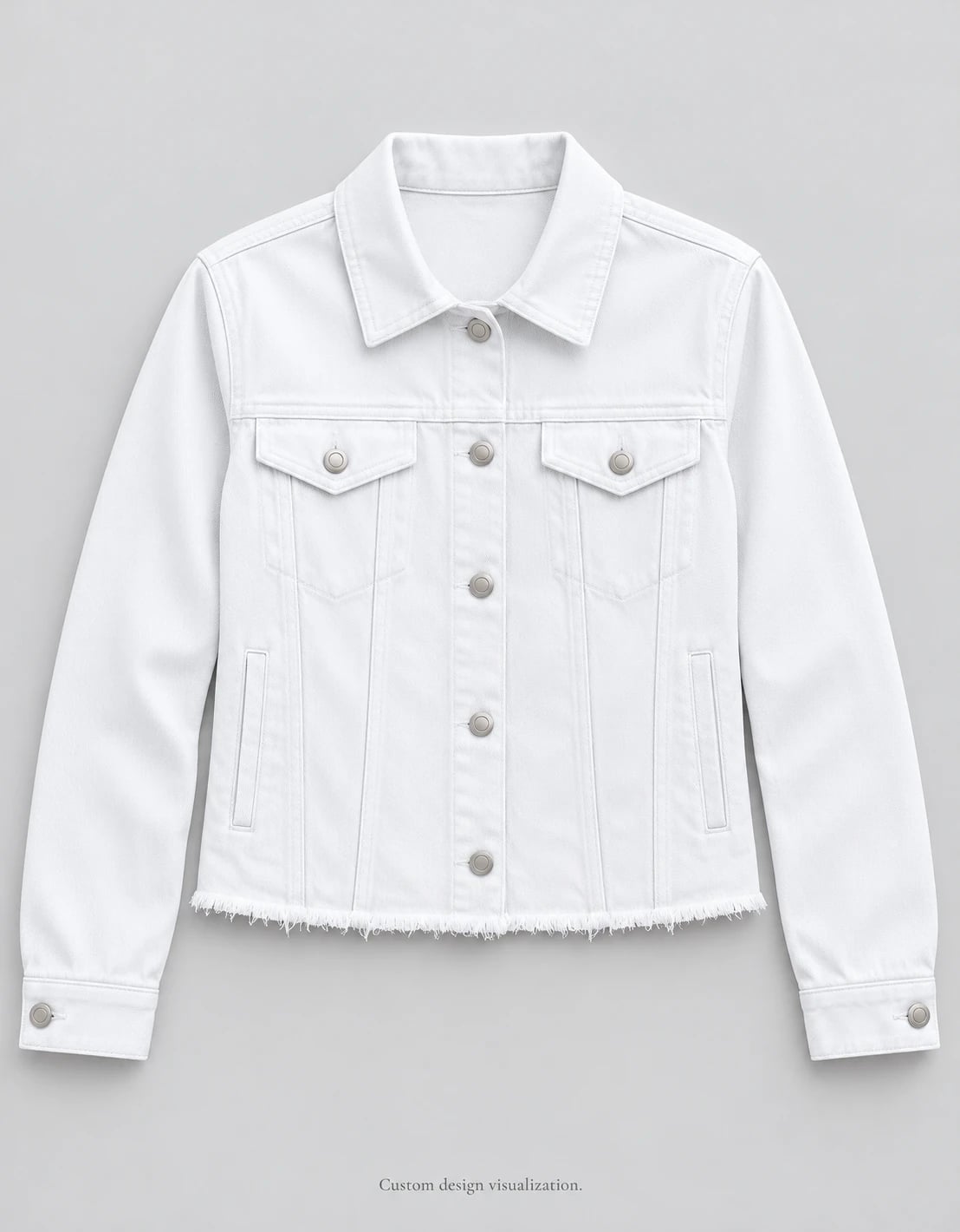 Custom Women's White Frayed-Hem Denim Jacket — front — custom design visualization