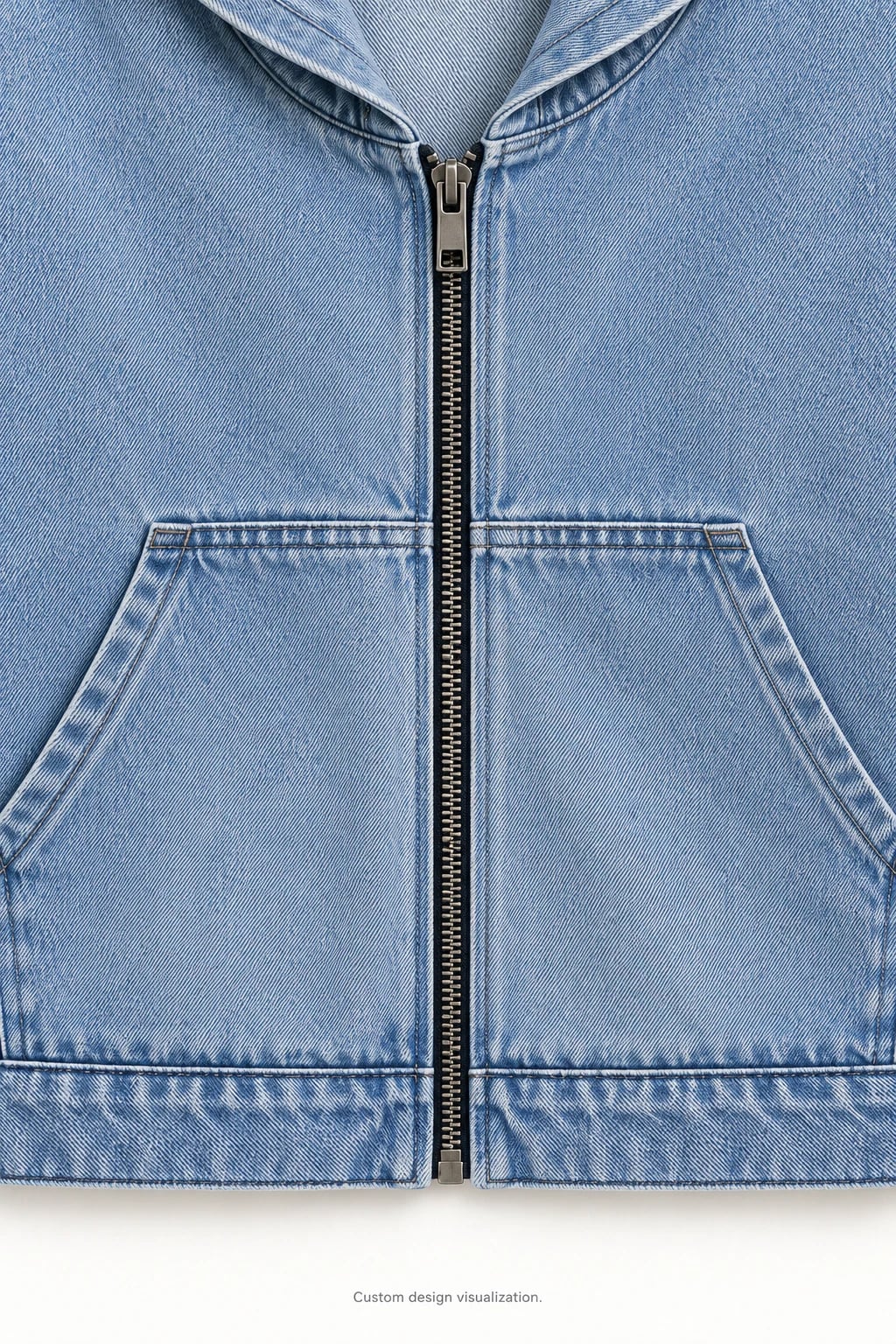 Custom Men's Light-Wash Full-Zip Denim Hoodie — detail — custom design visualization