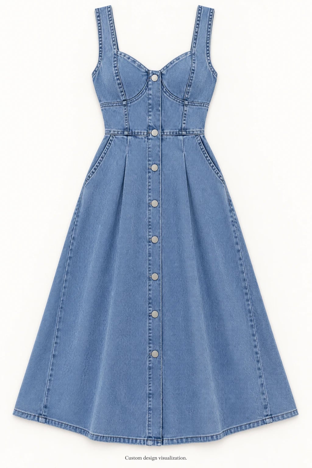 Custom Blue Sweetheart Button-Front Denim Midi Dress — front — custom design visualization