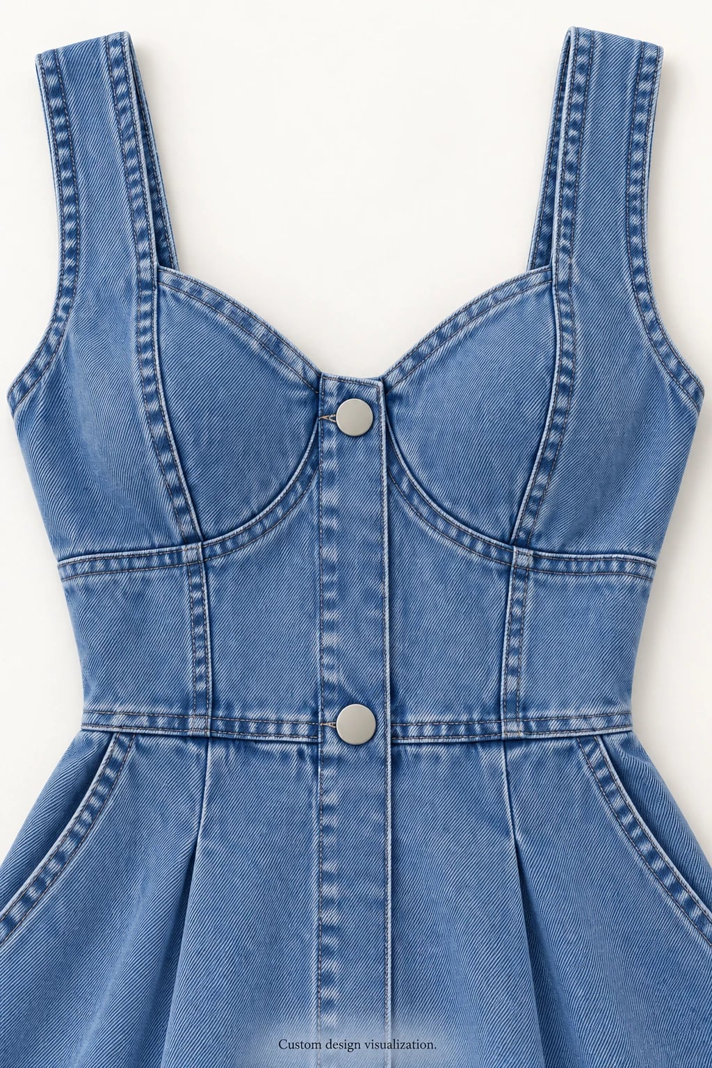 Custom Blue Sweetheart Button-Front Denim Midi Dress — detail — custom design visualization