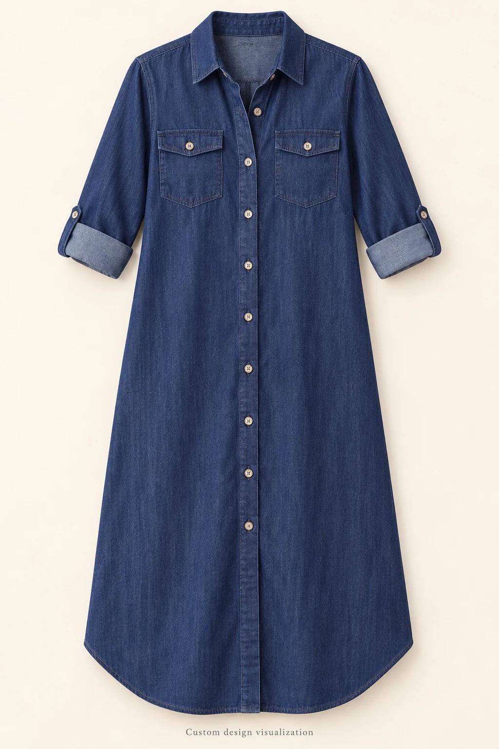 Custom Women's Indigo Shirttail Denim Midi Dress — front — custom design visualization