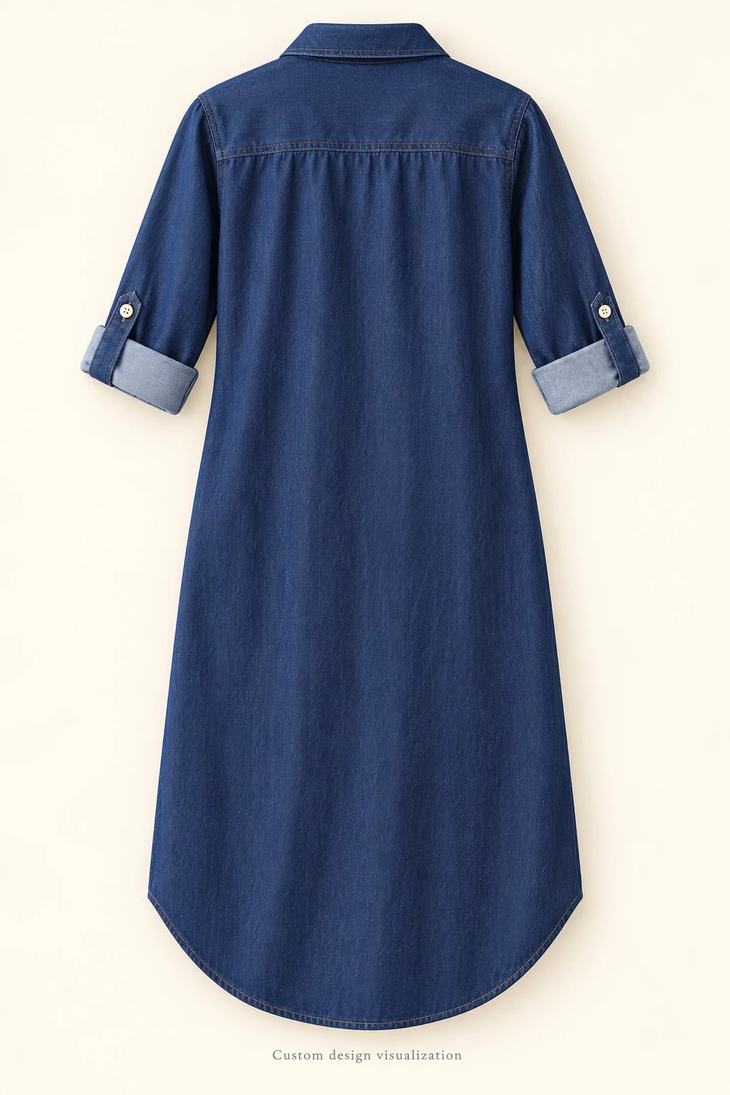 Custom Women's Indigo Shirttail Denim Midi Dress — back — custom design visualization