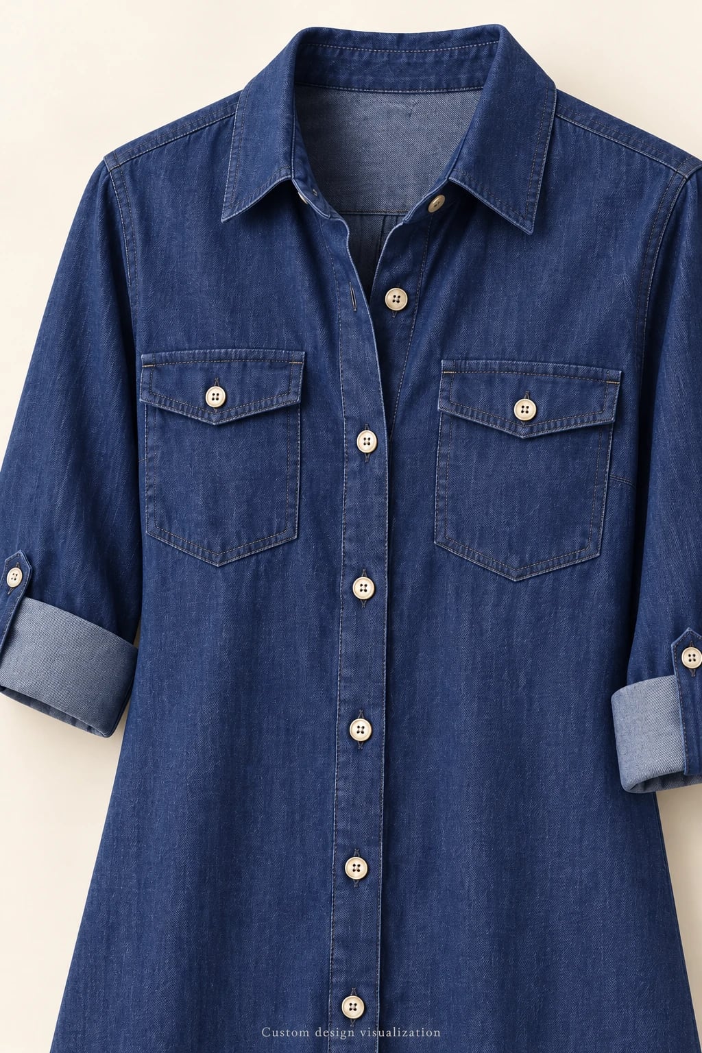 Custom Women's Indigo Shirttail Denim Midi Dress — detail — custom design visualization