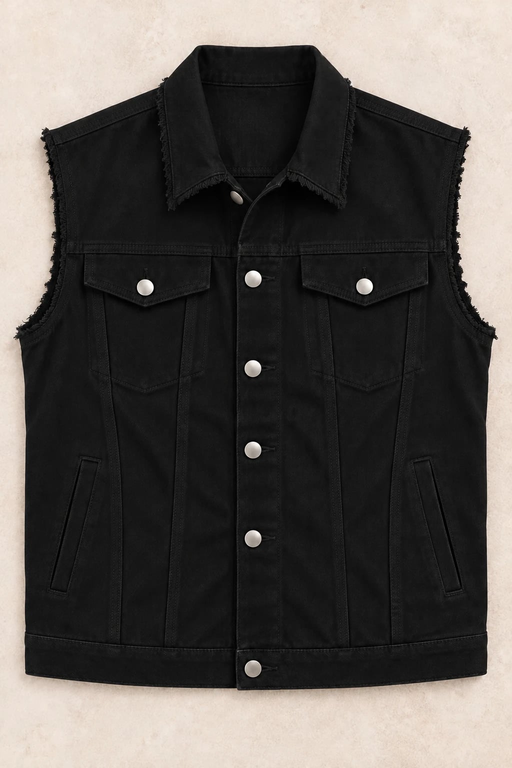 Custom Men's Black Raw-Edge Denim Vest — front — custom design visualization
