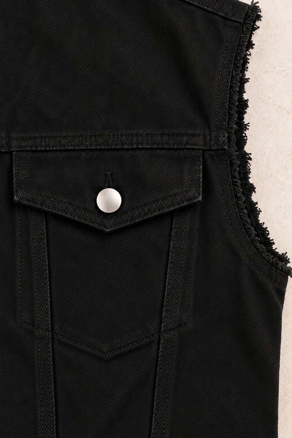Custom Men's Black Raw-Edge Denim Vest — detail — custom design visualization