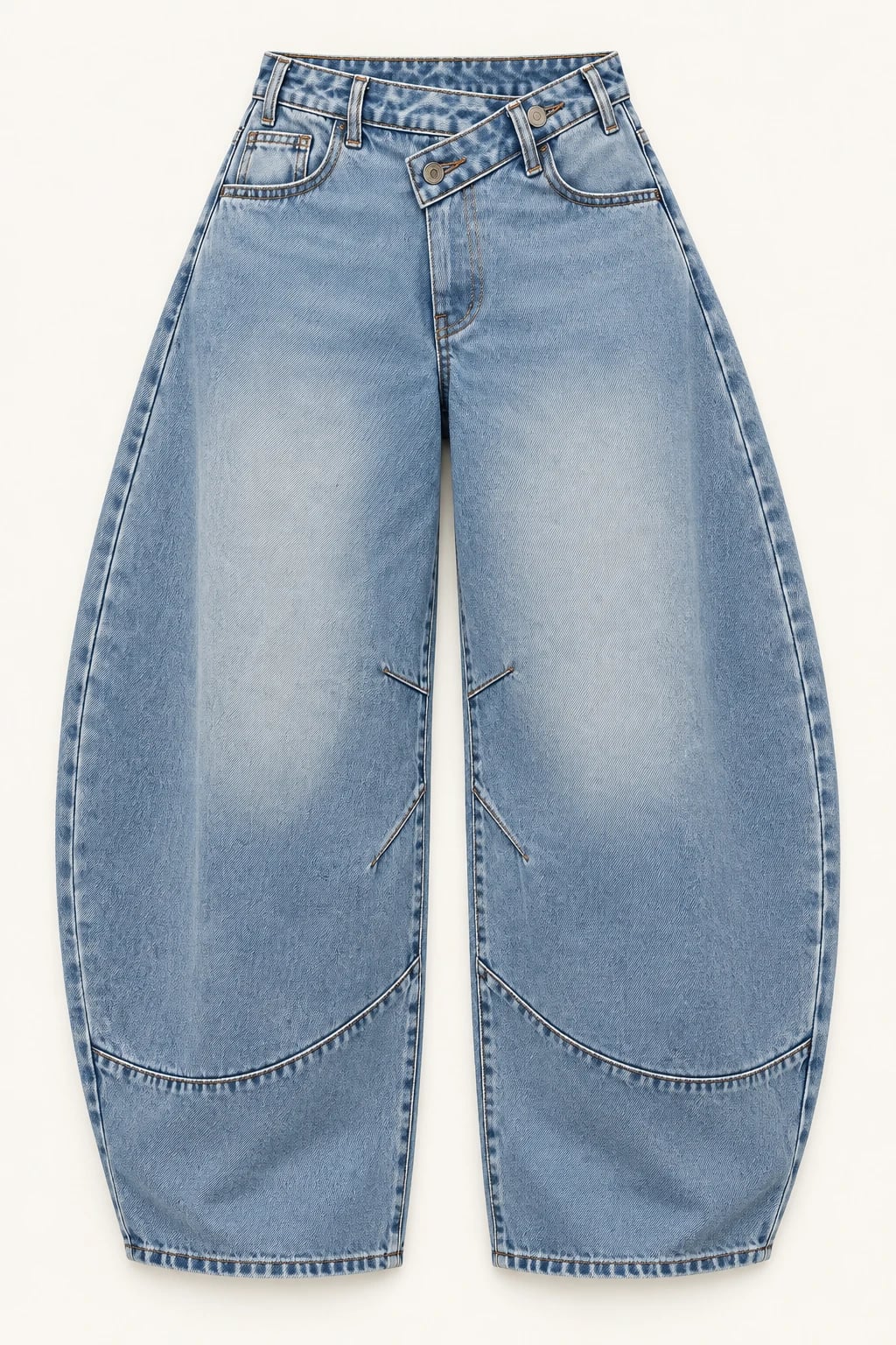 Custom Light Wash Asymmetric Waist Barrel Jeans — front — custom design visualization