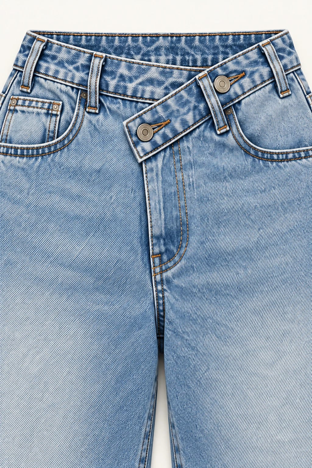 Custom Light Wash Asymmetric Waist Barrel Jeans — detail — custom design visualization