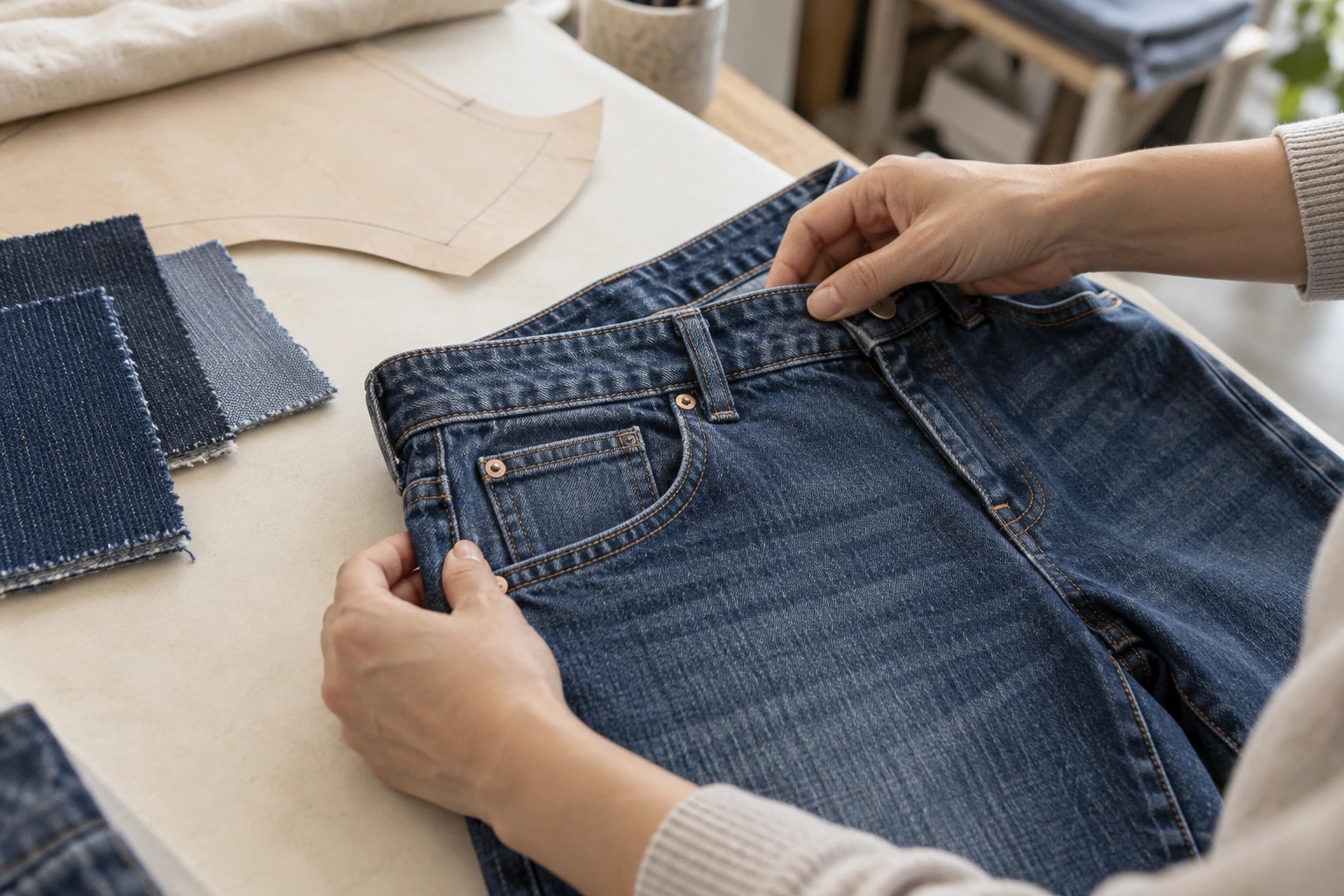 Illustrative review of a denim sample waistband, pocket and wash swatches
