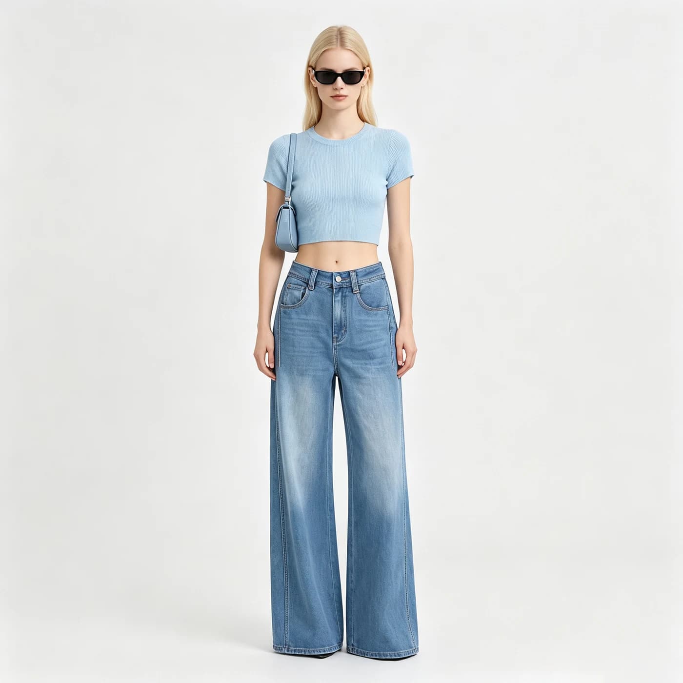 Women's Stretch Wide Leg Jeans High Waist Vintage Textured Denim Pants — supplier product photo