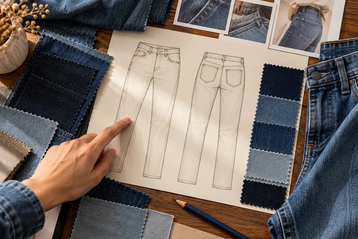 Illustration of a denim project consultation with reference images and notes