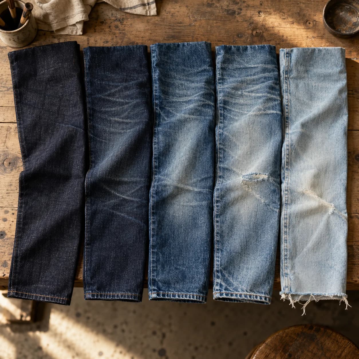 Illustration of denim wash tones and finishing details