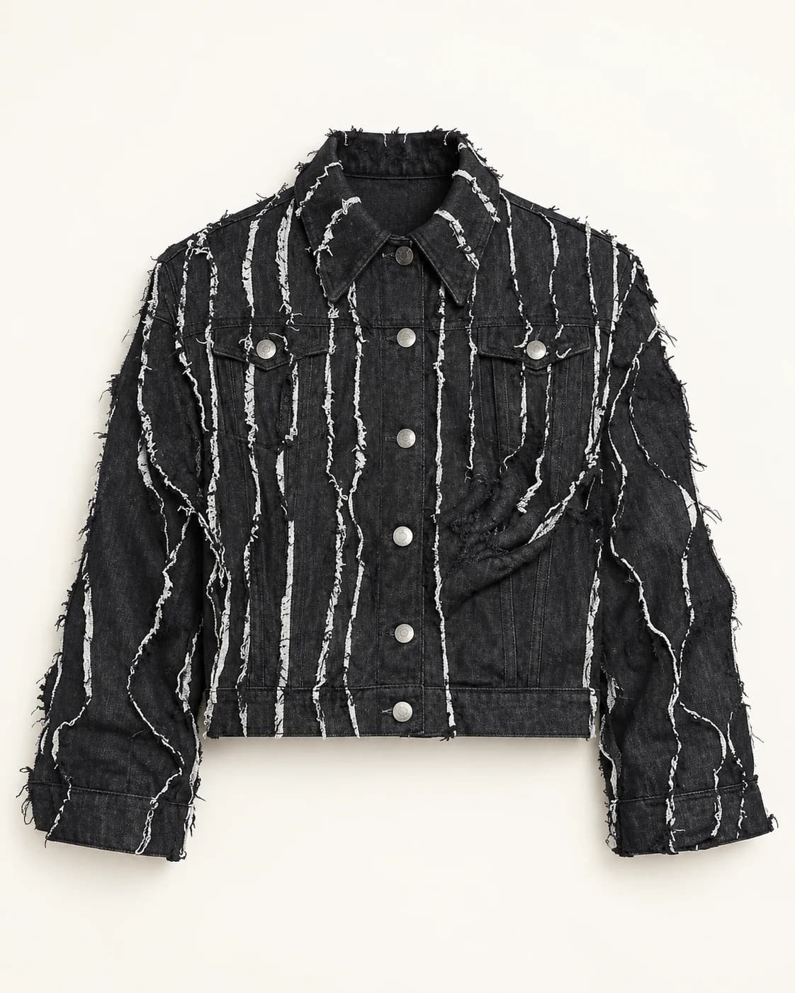 Black Vertical Frayed Stripe Denim Jacket — AI design reference 1