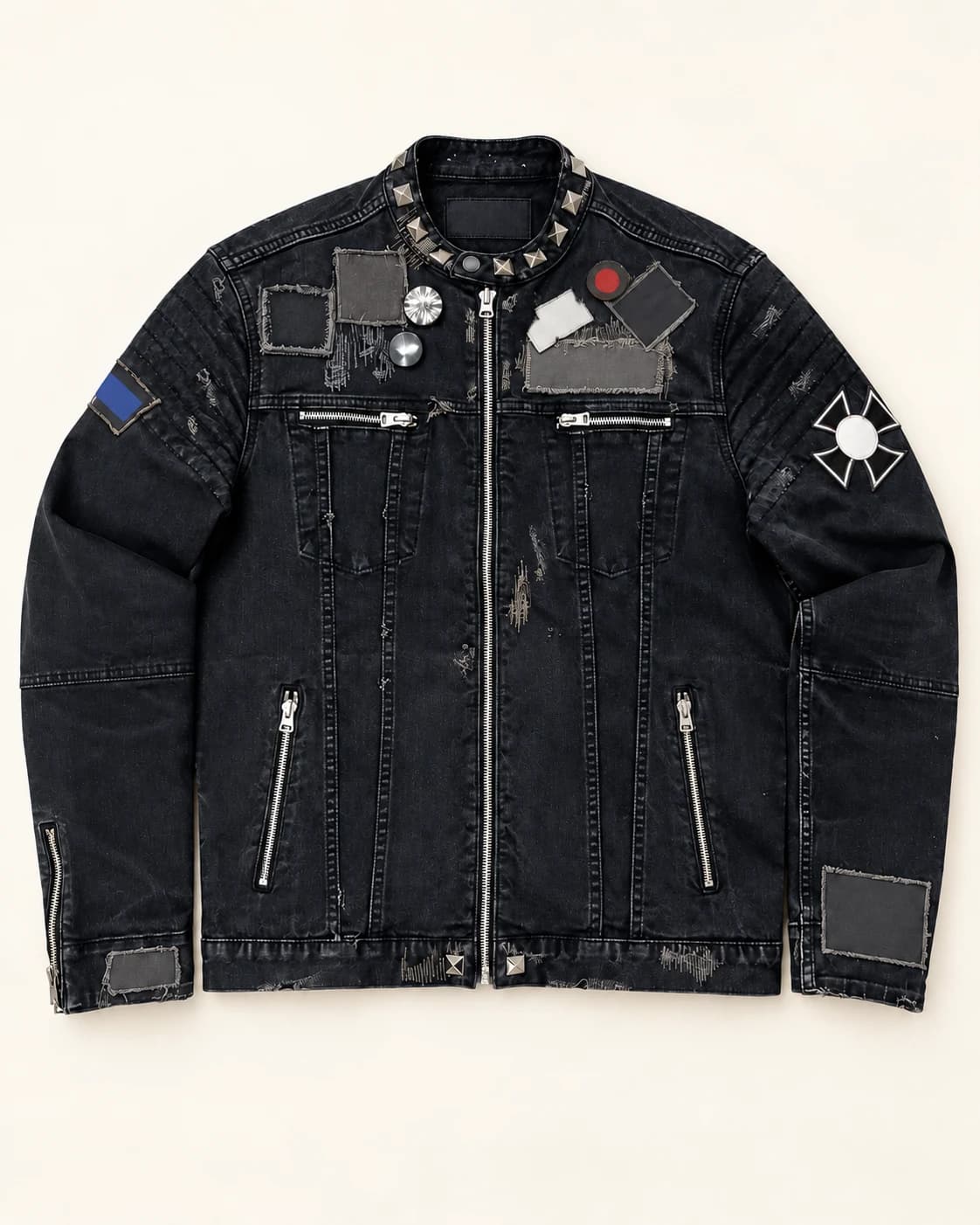Black Studded Patch Denim Biker Jacket — AI design reference 1