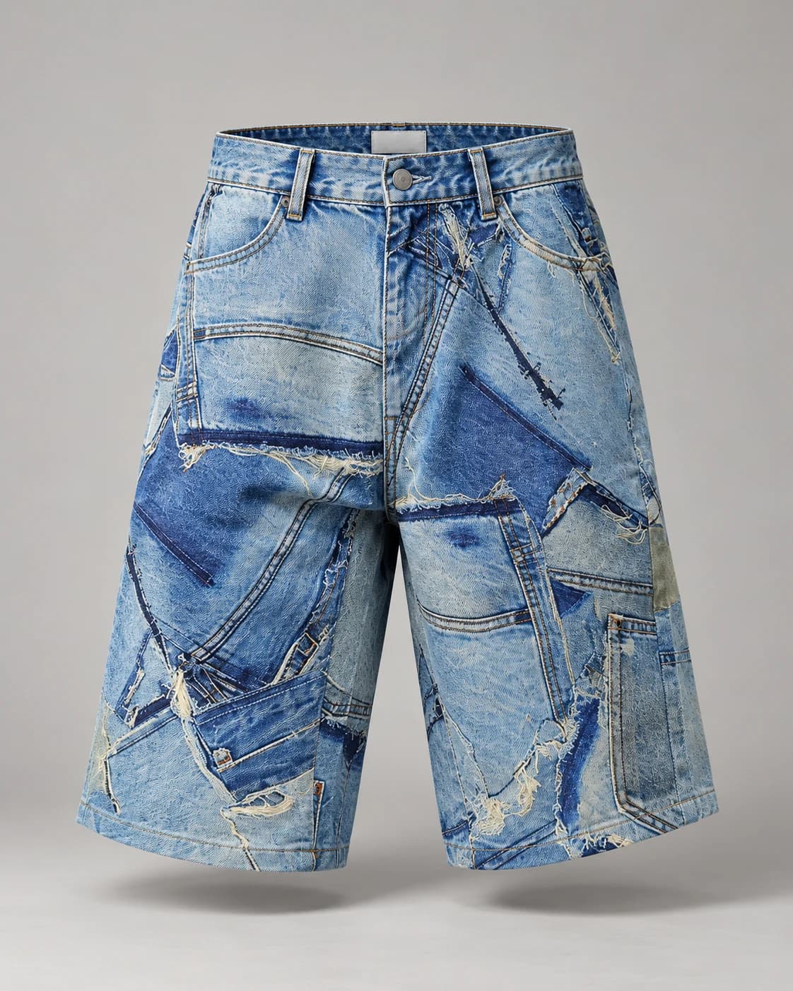 Blue Geometric Patchwork Shorts · AI custom design visualization