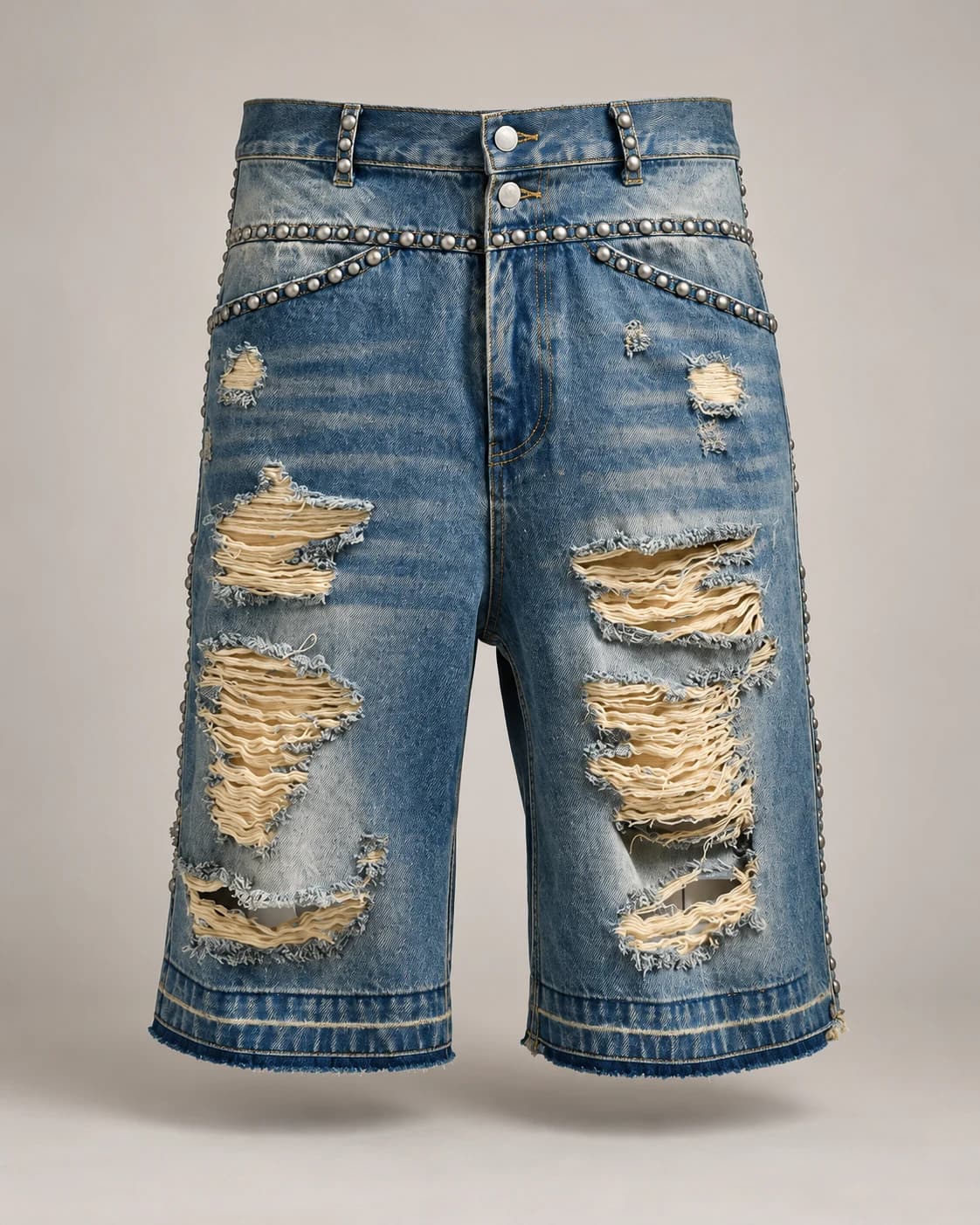 Vintage Blue Studded Ripped Shorts · AI custom design visualization