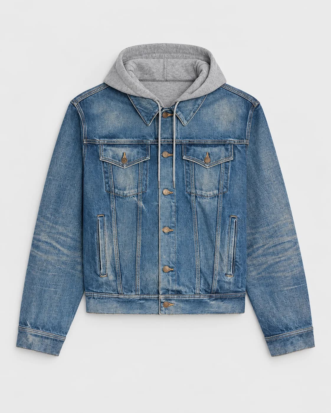 Denim Trucker Jacket with Grey Hood — AI design reference 1