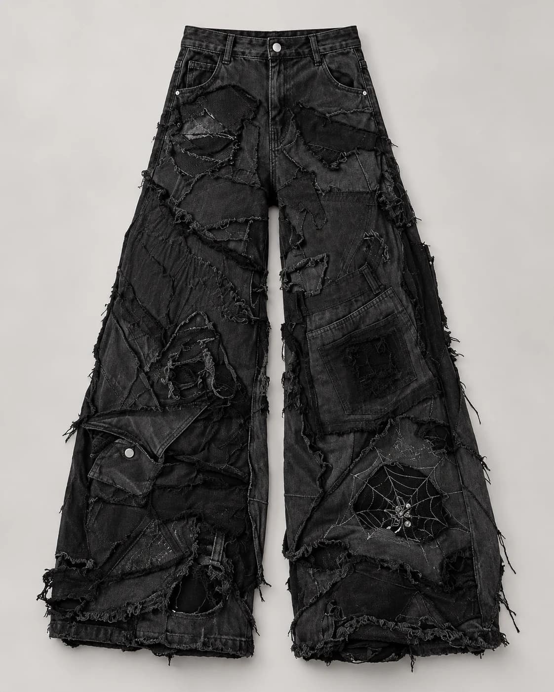 Black Frayed Patchwork Wide-Leg Jeans · AI custom design visualization