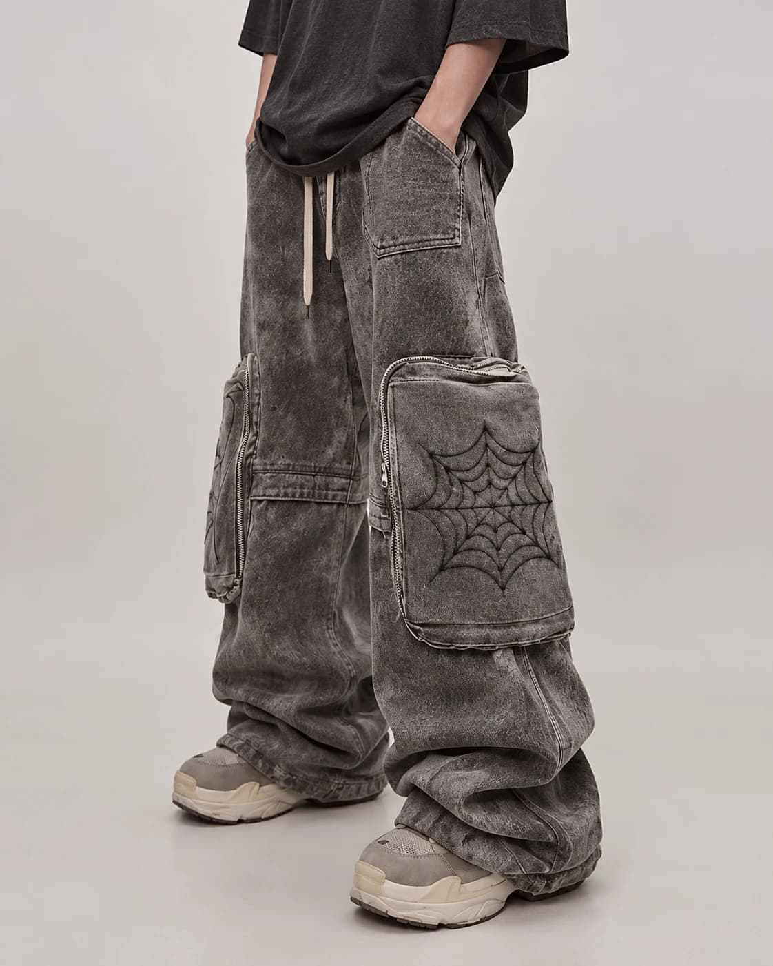 Grey Spiderweb-Pocket Utility Jeans — AI design reference 1