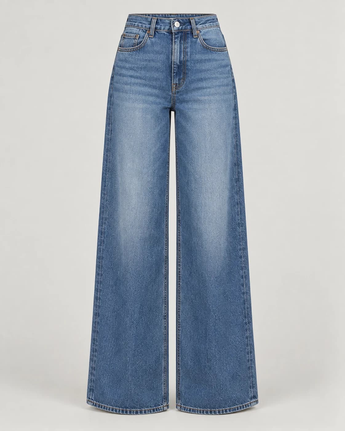 AI-created front-view concept of women’s medium-blue high-waisted wide-leg jeans