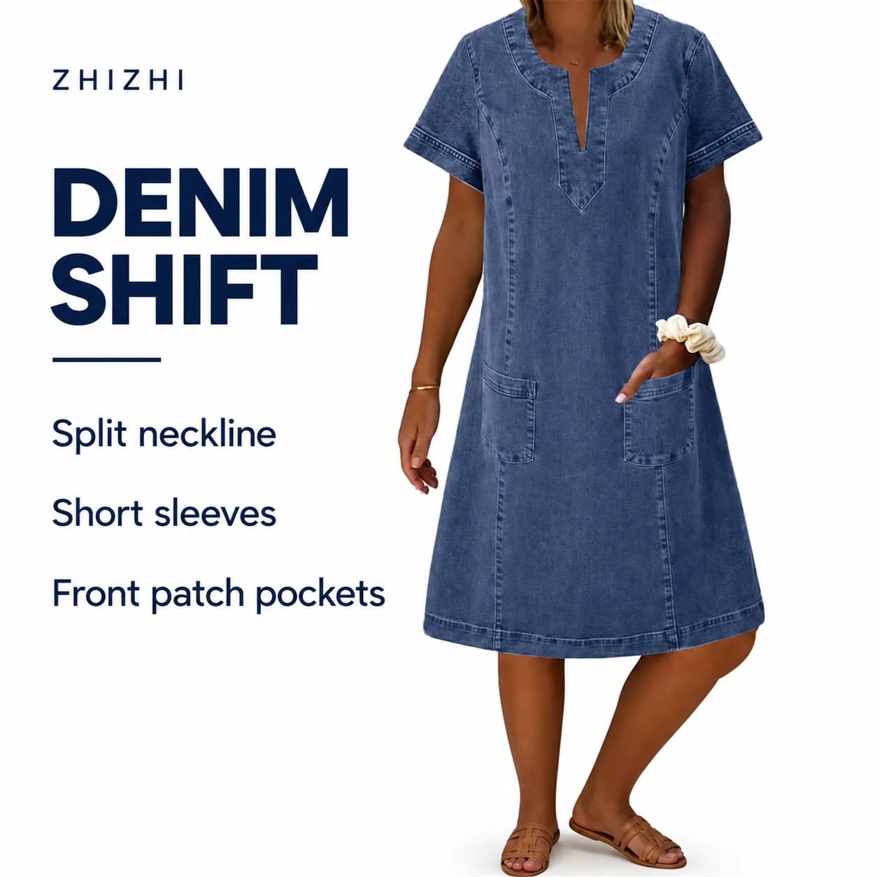 Blue Split-Neck Denim Shift Dress — Split neckline, Short sleeves, Front patch pockets; AI-composed catalog presentation